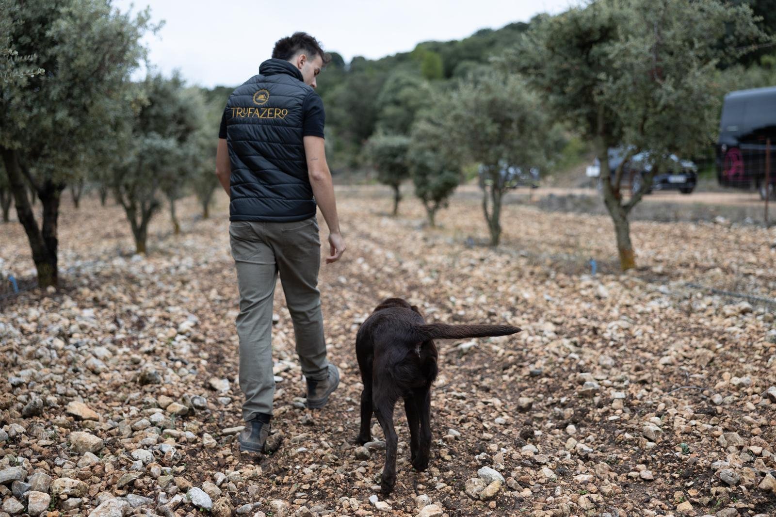 Equipo de TrufaZero caminando con su perro por la plantación